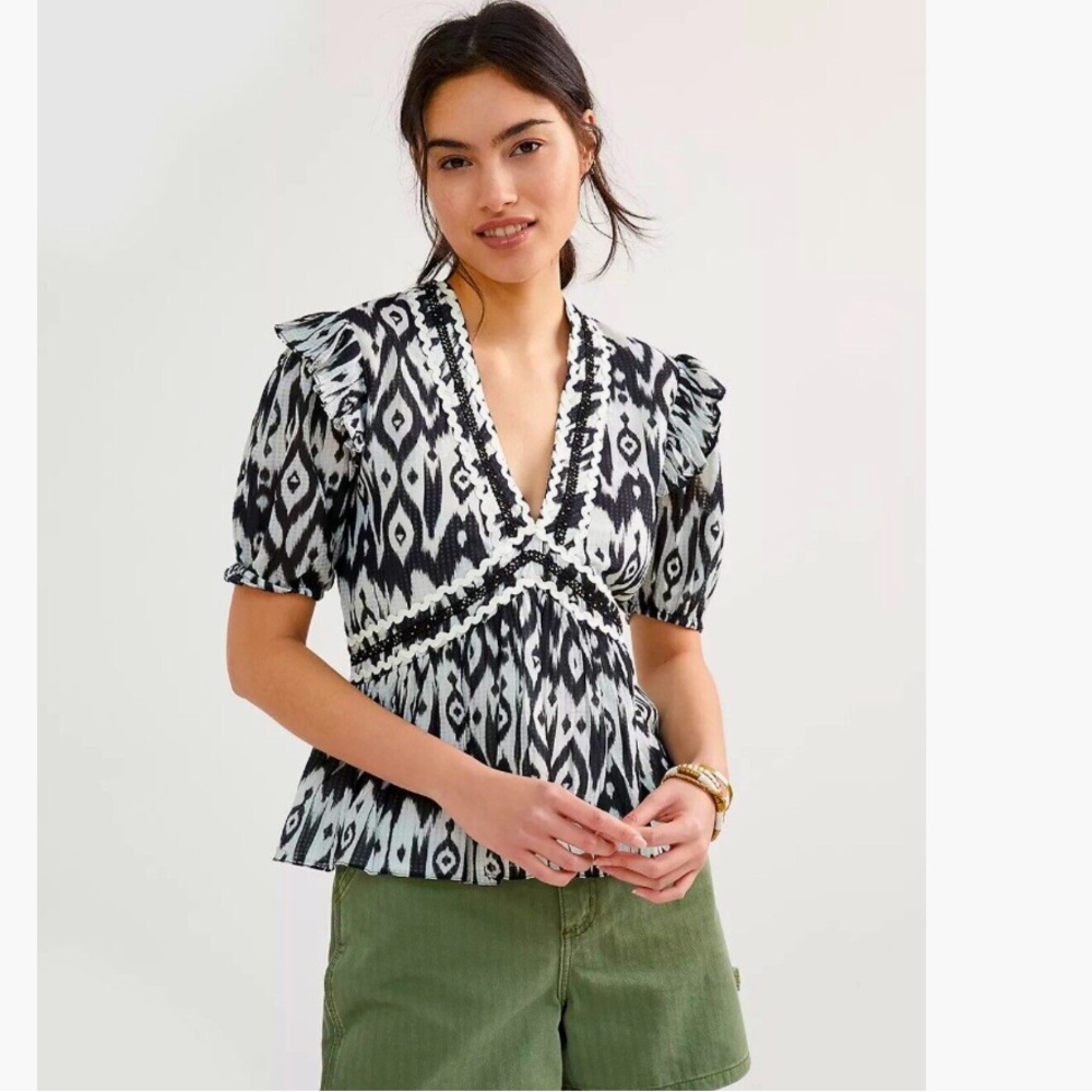 Verb by Pallavi Singhee Abstract Peplum Blouse Black + White Size Medium $148